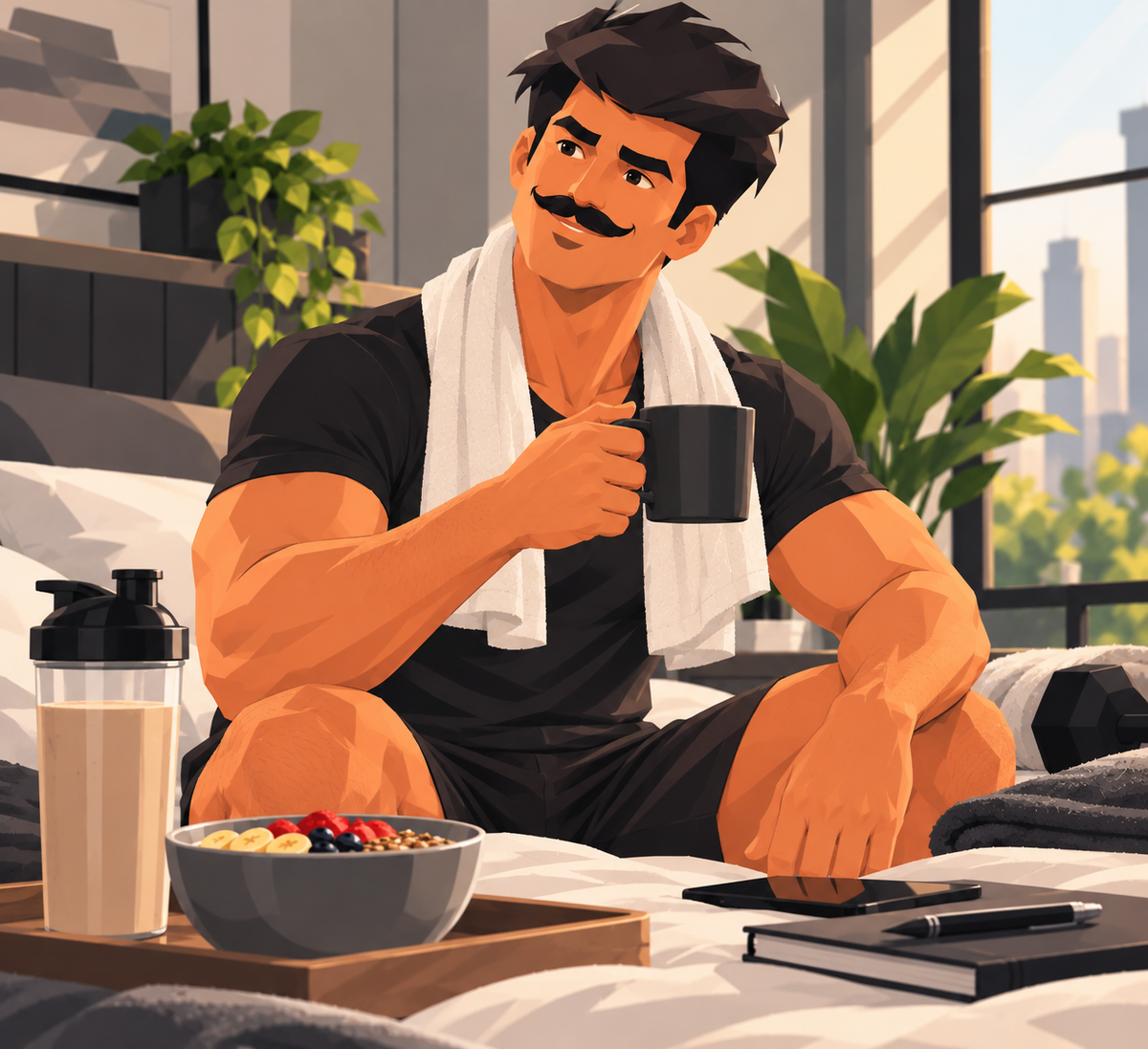 A man with a calm healthy routine coffee in the morning