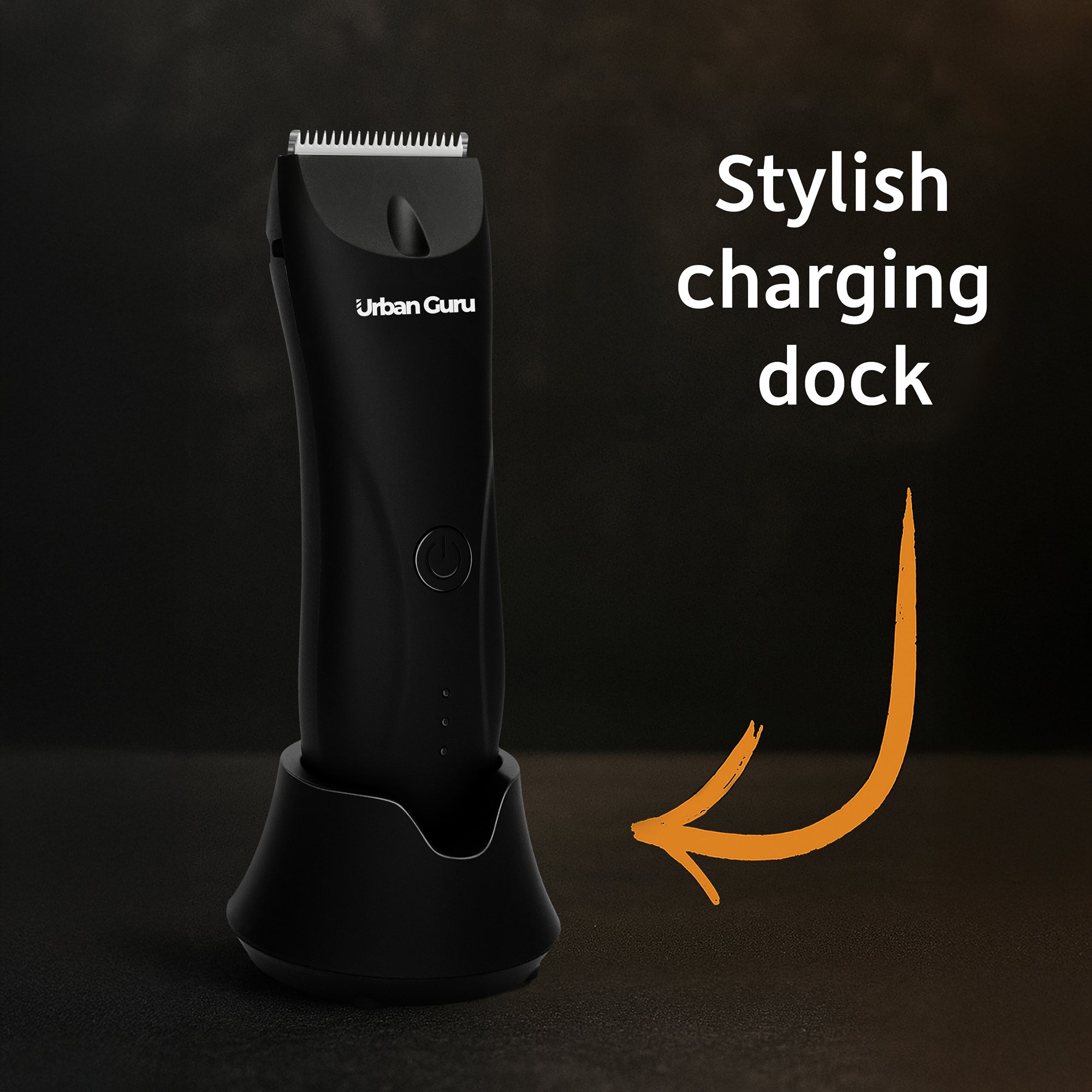 Black grooming tool with charging dock on a dark background, featuring 'Urban Guru' branding.
