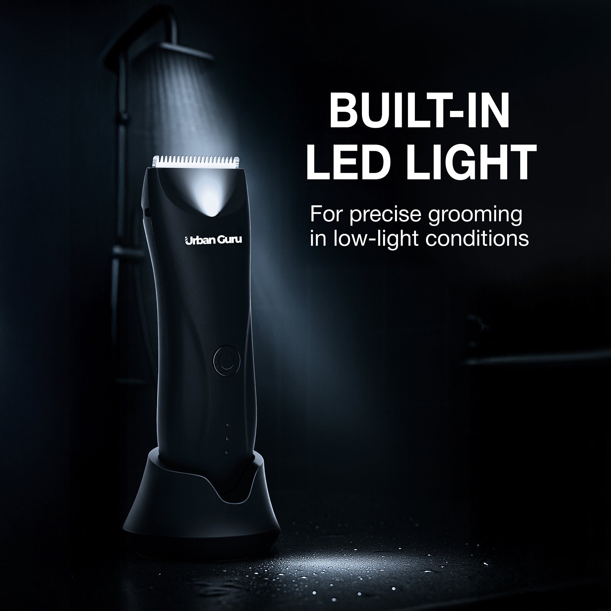 Hair trimmer with built-in LED light on a dark background, highlighting its feature for precise grooming in low-light conditions.
