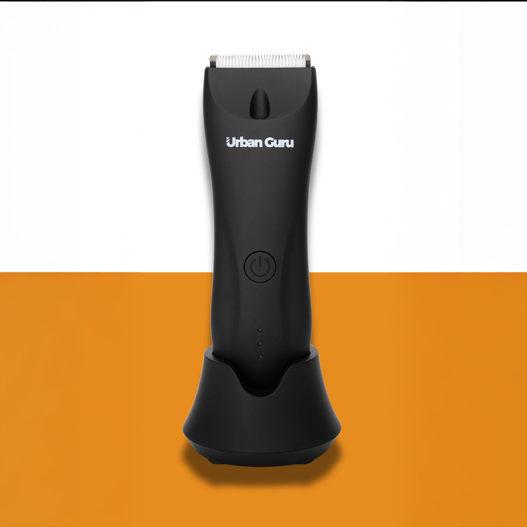 Black hair trimmer with 'Urban Guru' branding on a white and orange background